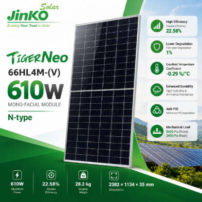 تصویر  پنل خورشیدی 610 وات مونو کریستال مدل بایفشیال N-Type برند JINKO SOLAR