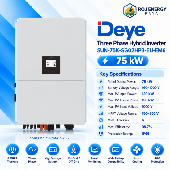 تصویر  اینورتر هیبرید برند Deye مدل SUN-75K-SG02HP3-EU-EM6